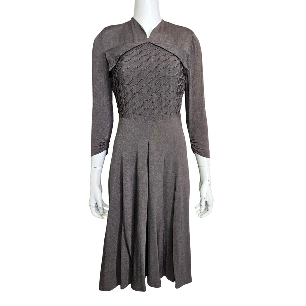 Vintage 40s Brown Rayon Crepe‎ Scalloped Bodice Dress Metal Zipper M Noir Glam